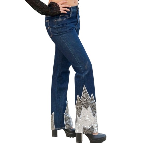 Miss Selfridge Denim - Miss Selfridge Bootcut Jeans, size S, Glitter Snake Trim, Boho Western Festival